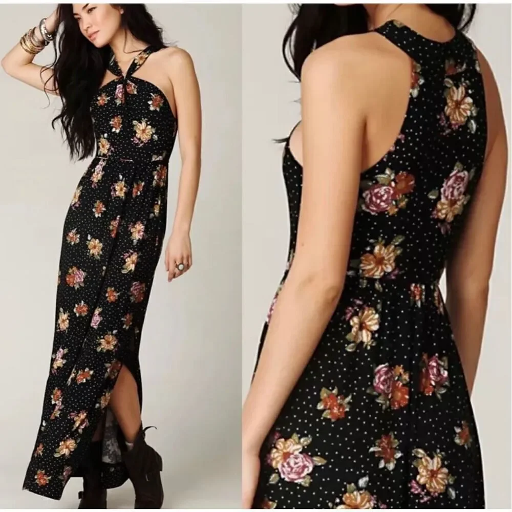 Free People Women's Maxi Dress Size SP Floral Print Sleeveless Cross Straps Boho